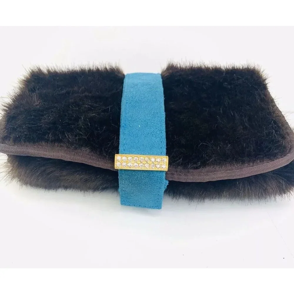 Stephanie Johnson Cosmetic Bag/Roll Crystal Bling Brown Faux Mink Fur NWOT